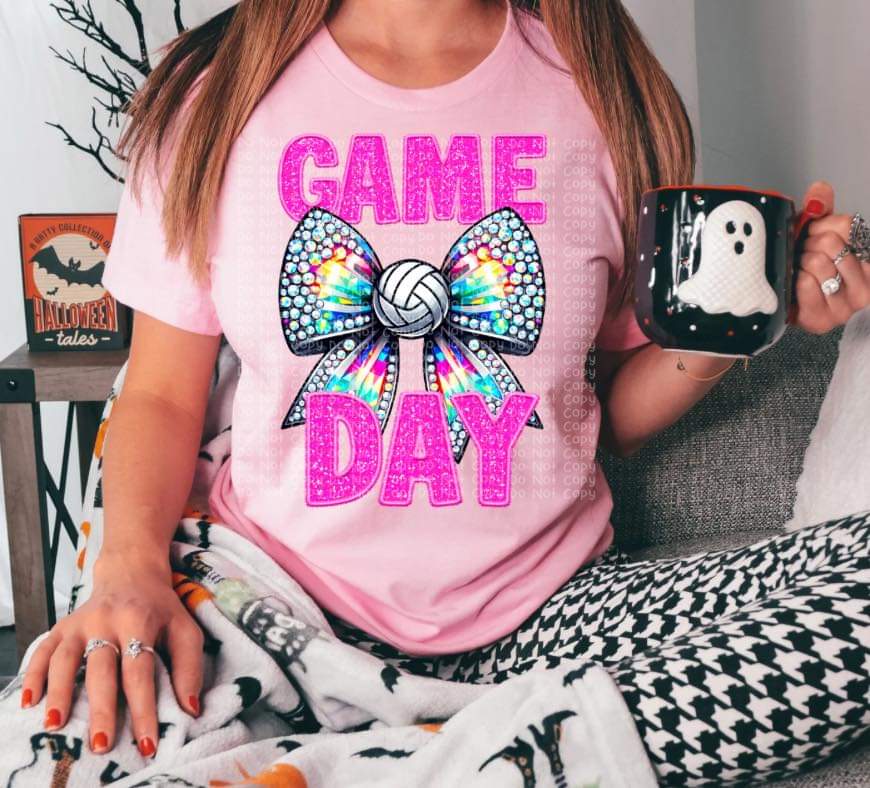 Game Day Volleyball Faux Rhinestone Orange, Green, Blue, Purple, Pink Lettering - SHIRT DDD *add color choice in note section
