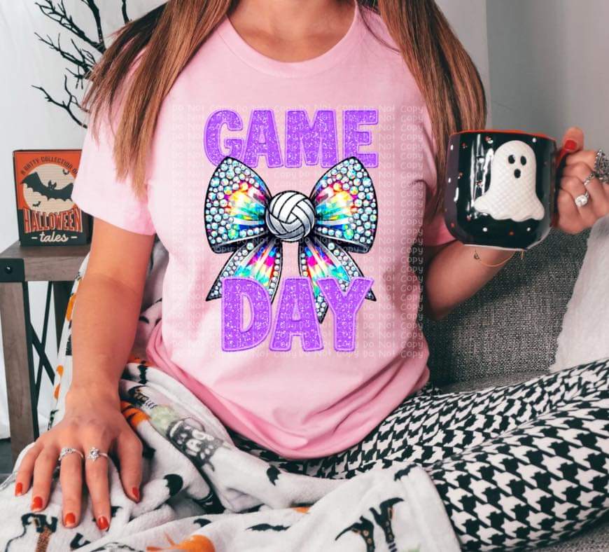 Game Day Volleyball Faux Rhinestone Orange, Green, Blue, Purple, Pink Lettering - SHIRT DDD *add color choice in note section