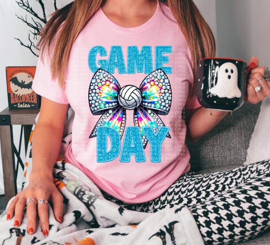 Game Day Volleyball Faux Rhinestone Orange, Green, Blue, Purple, Pink Lettering - SHIRT DDD *add color choice in note section