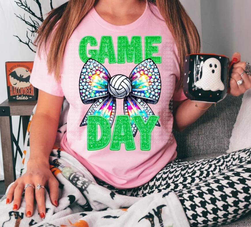 Game Day Volleyball Faux Rhinestone Orange, Green, Blue, Purple, Pink Lettering - SHIRT DDD *add color choice in note section