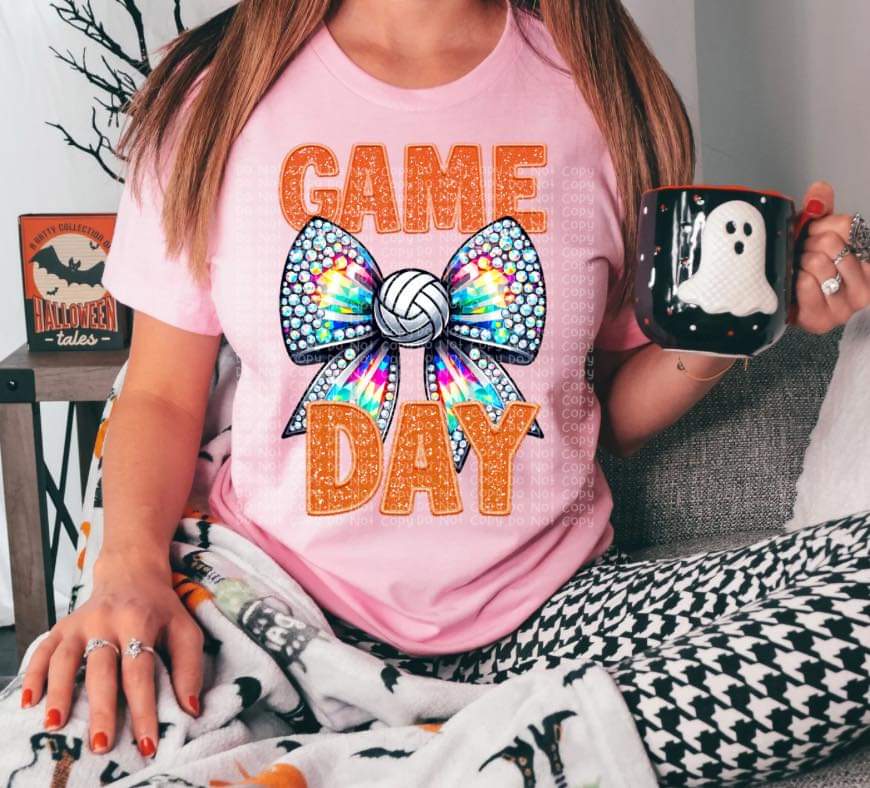 Game Day Volleyball Faux Rhinestone Orange, Green, Blue, Purple, Pink Lettering - SHIRT DDD *add color choice in note section