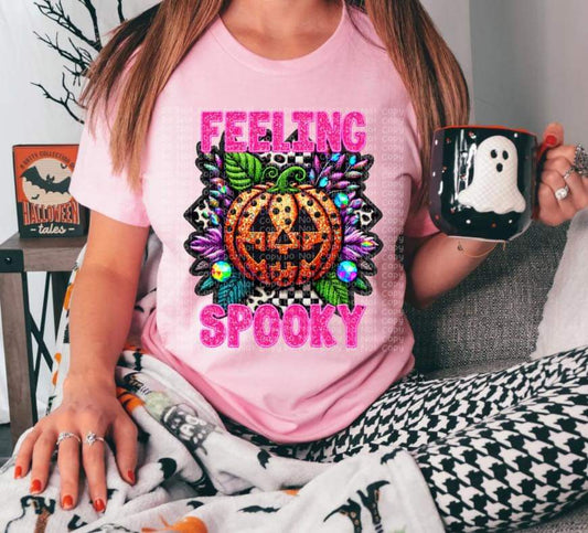 Feeling Spooky Faux Glitter Pumkin with Leaves - SHIRT DDD