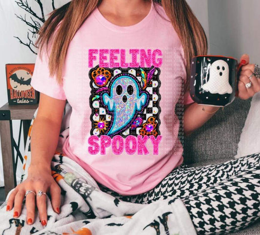 Feeling Spooky Faux Glitter Ghost with Faux Rhinestones - SHIRT DDD