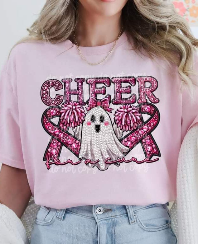 Cheer For a Cure Pink Ribbon Ghost Faux Rhinestone- SHIRT PHD.24