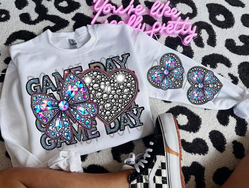 Game Day Faux Rhinestone Bow & Heart - SHIRT FDC.24