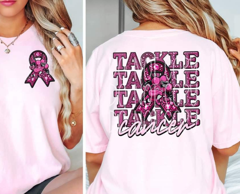 Tackle Cancer Football  Pink Ribbon Faux Rhinestone - SHIRT PHD.24