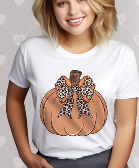 Pink or Orange Pumpkin with leopard Print Bow - SHIRT SST.24 *add color to note section