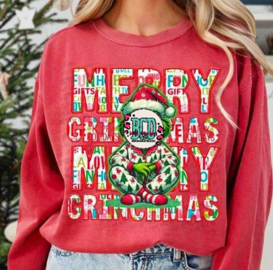 Merry Grinchmas Faux Embroidery Red  - KIDS SHIRT DDD.24