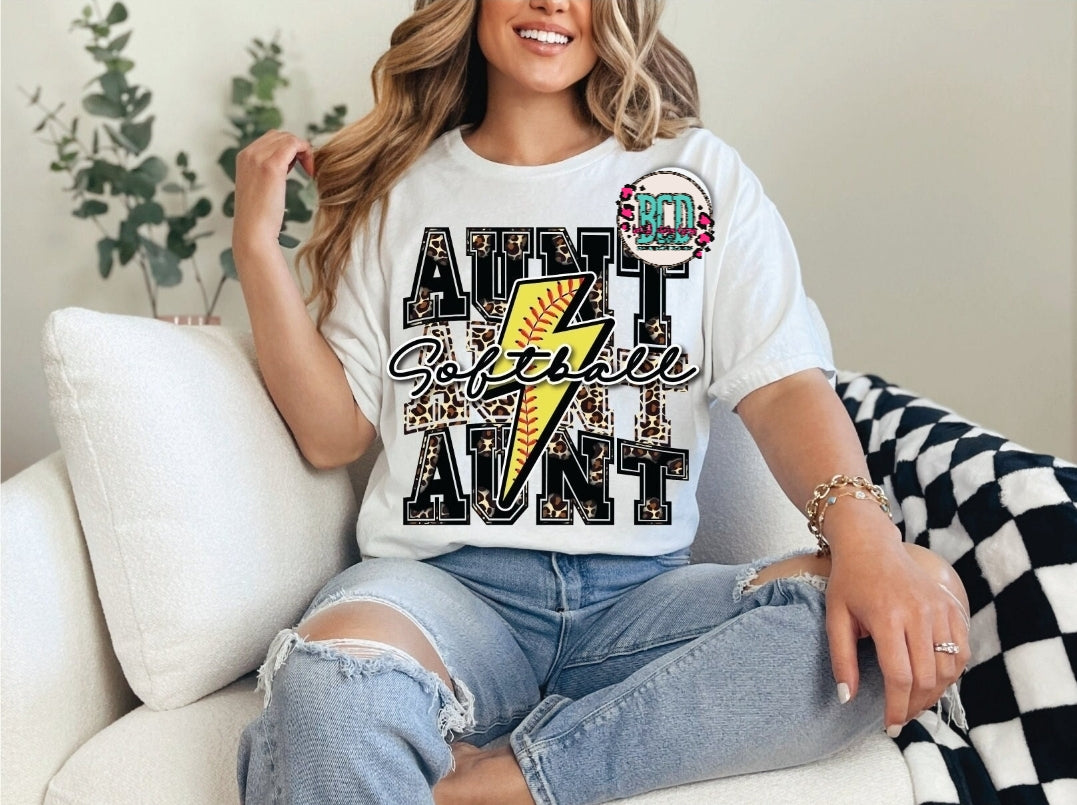 Softball Auntie Leopard Bolt Stacked - SHIRT