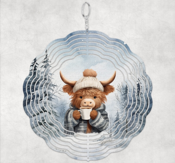 Snowy Highland Cow - Wind Spinner SSA