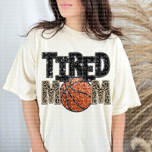 Tired Mom Leopard & Black Basketball-SHIRT