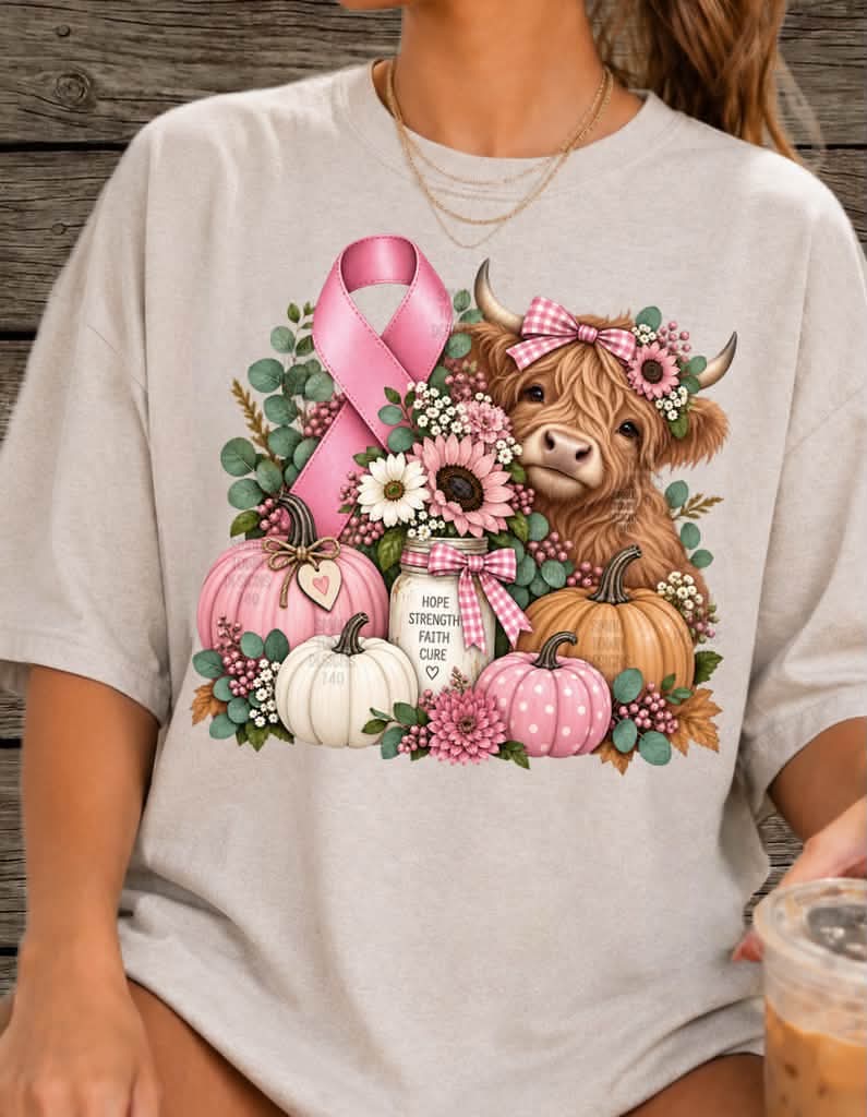 Breast Cancer Awareness Highland Cow - SHIRT  *Add color of shirt wanted in notes box
