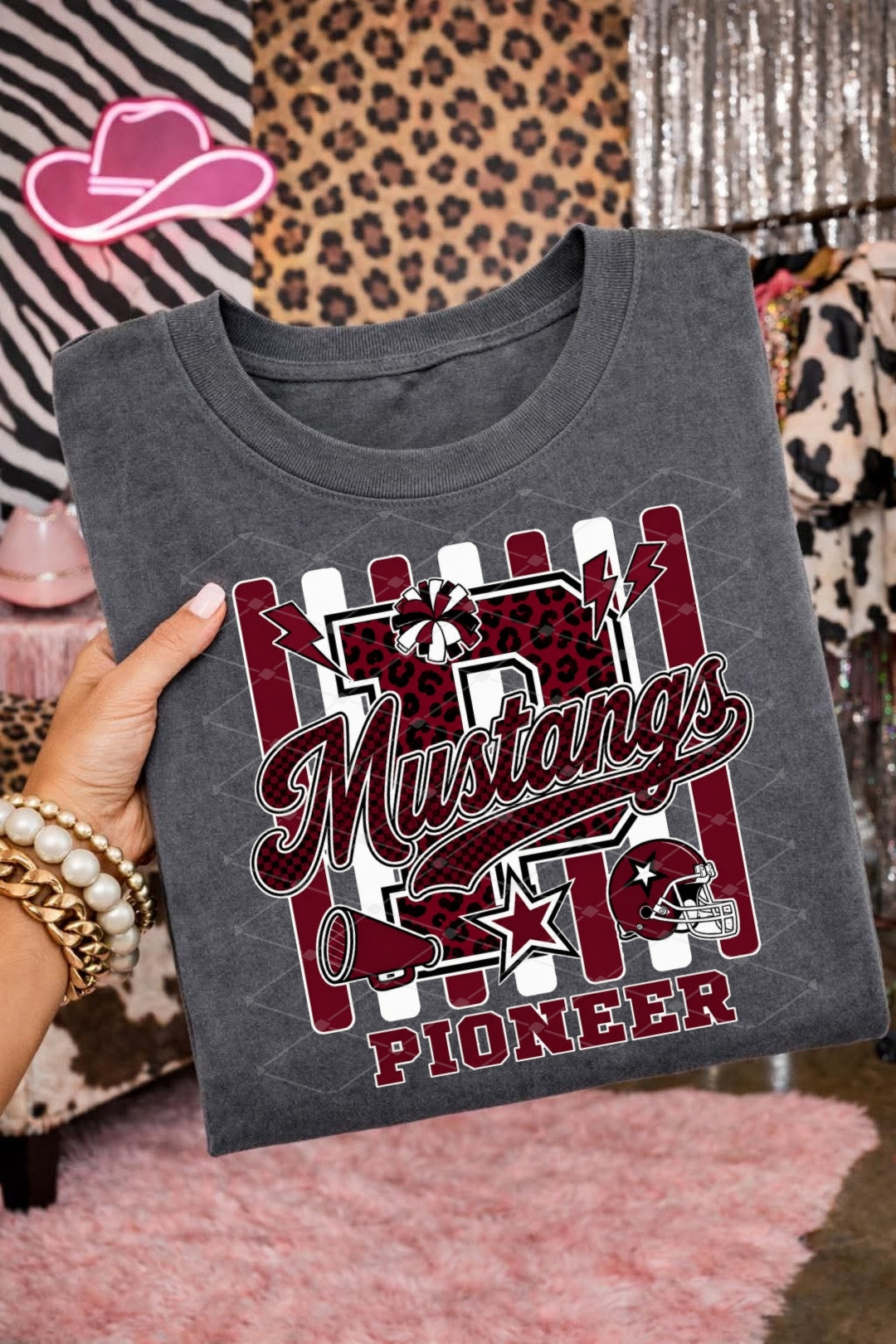Pioneer Mustangs Football - SHIRT  *add in note box which design & color shirt you want. Big P or M behind Mustangs.
