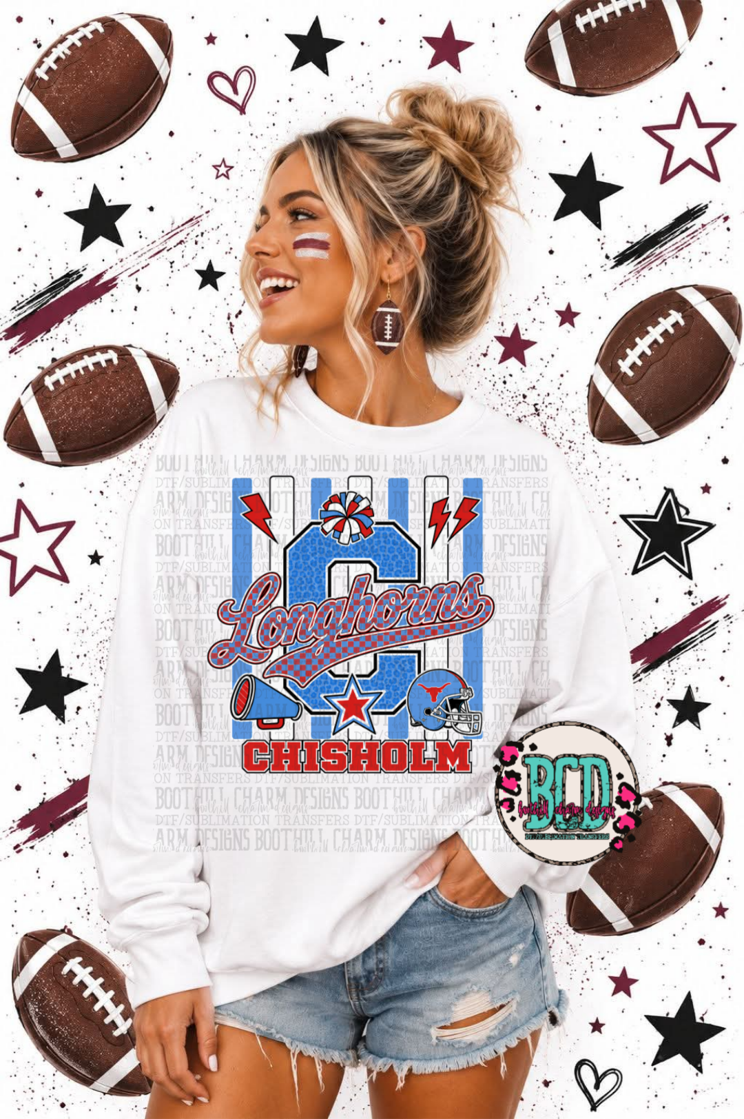 Chisholm Longhorns Football - SHIRT  *add in note box which design & color shirt you want. Leopard or plaid Longhorns.